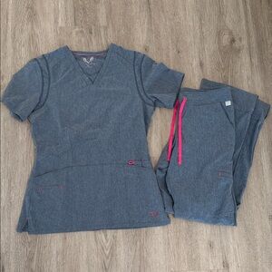 Smitten Grey Heather Scrub Set with Pink Accents